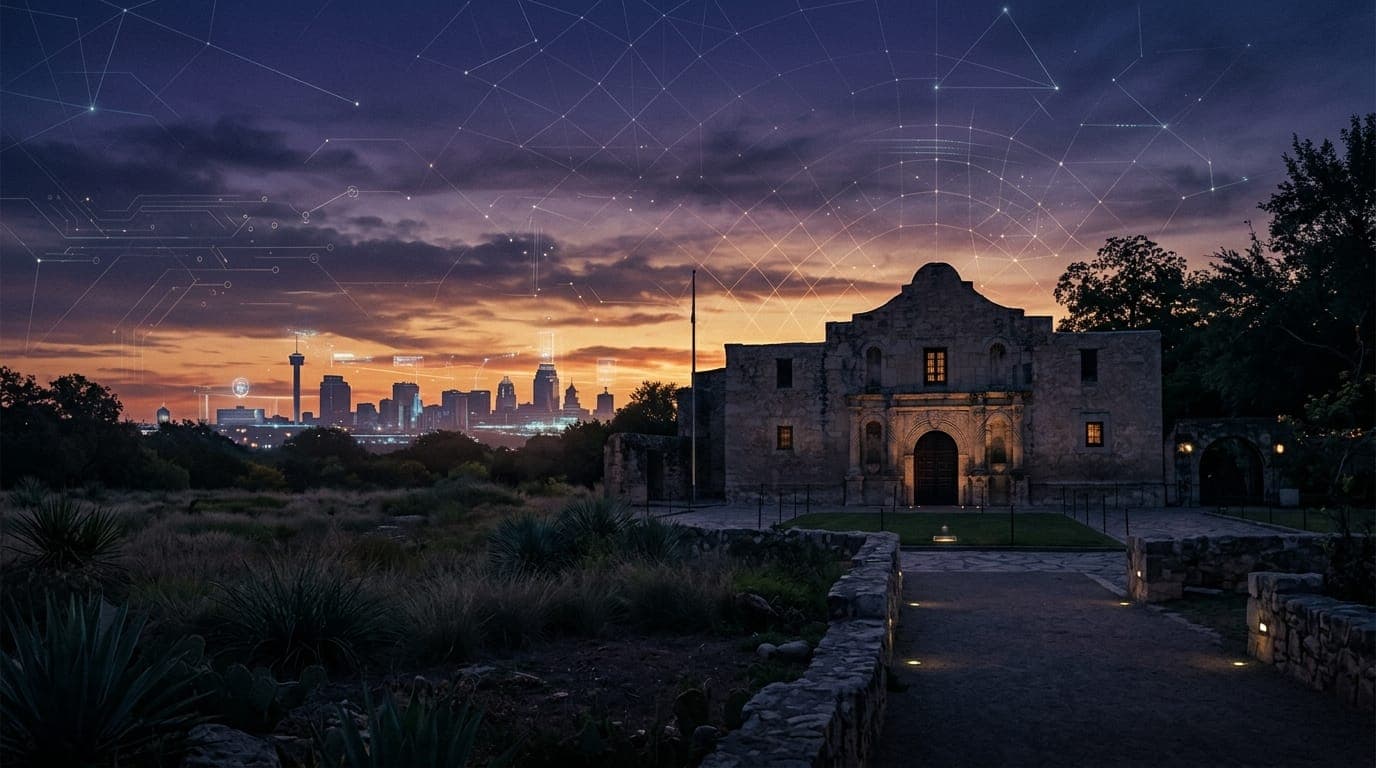 The Alamo at dusk beneath a warm Texas sunset and a futuristic constellation data-grid sky, with the San Antonio skyline in the distance