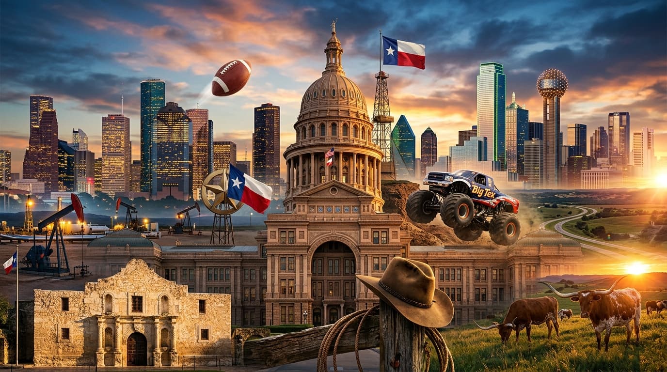 A bold collage of Texas icons: the Texas State Capitol front and center, the Dallas and Houston skylines, the Alamo, the Lone Star flag, oil derricks, a monster truck, a football, a cowboy hat, and longhorn cattle under a golden Texas sunset.