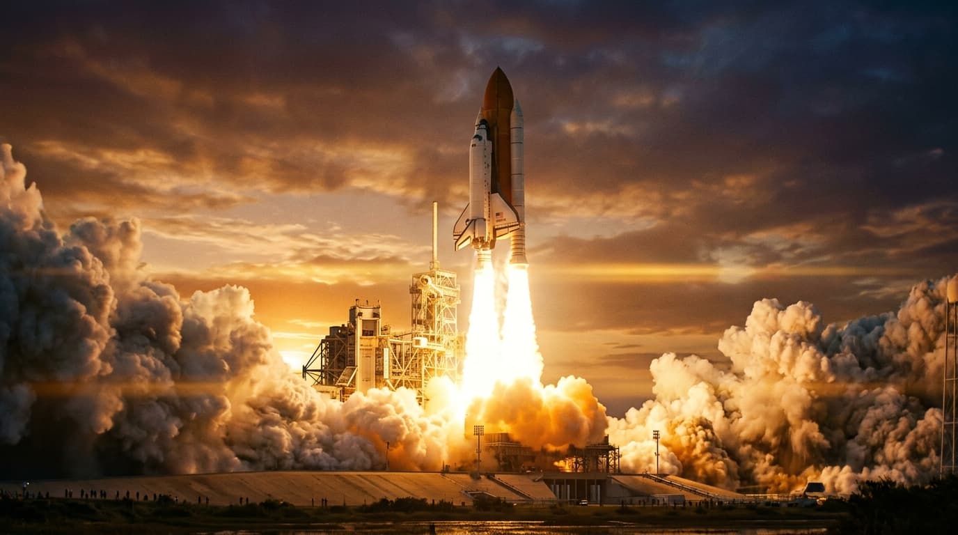 A space shuttle rocket launching off the pad at golden-hour dawn, with massive plumes of fire and billowing smoke against a dramatic warm sky.