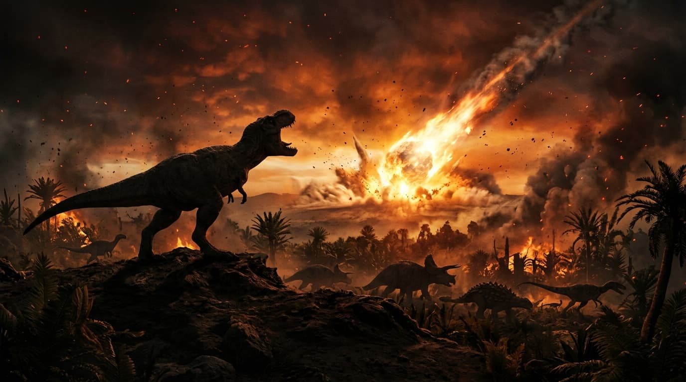 A Tyrannosaurus rex silhouetted on a ridge, roaring up at a flaming asteroid streaking down and impacting Earth on the horizon while other dinosaurs flee through a burning prehistoric landscape.