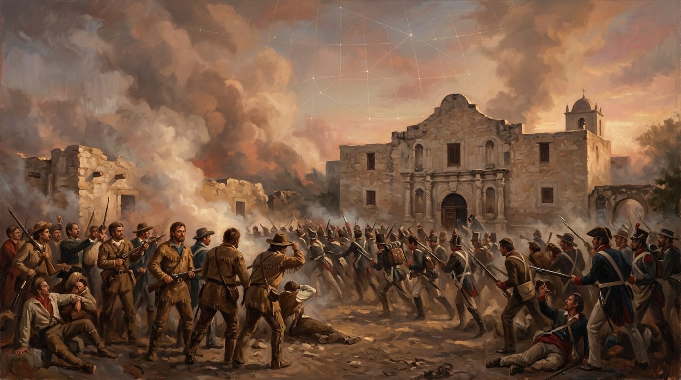 An original dawn history-painting tribute to the 1836 defenders of the Alamo, echoing the warm Texas light and constellation motif of the site's hero.