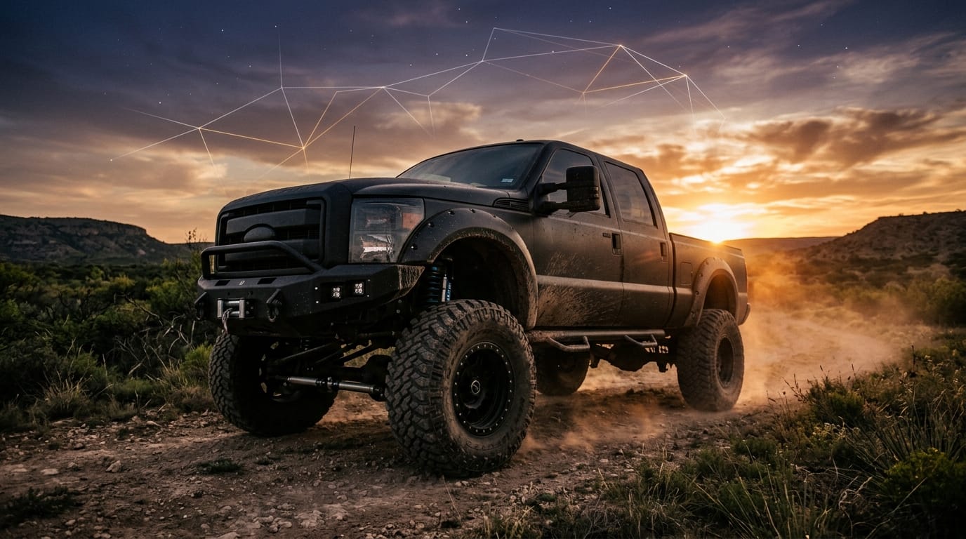 An aggressive lifted Texas pickup truck kicking up dust at golden-hour dusk — a nod to fifteen years built in the automotive industry.